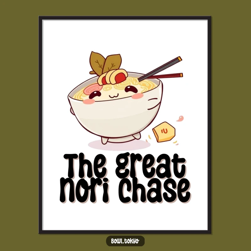 Funny Kawaii Ramen Nori Chase Digital Print: Playful Noodle Bowl Art, Perfect Funny Gift
