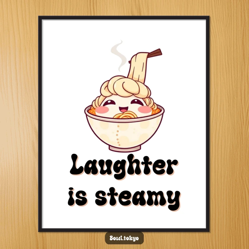 Funny digital art print of a smiling ramen bowl character with steam rising in whimsical patterns, suggesting hearty laughter.