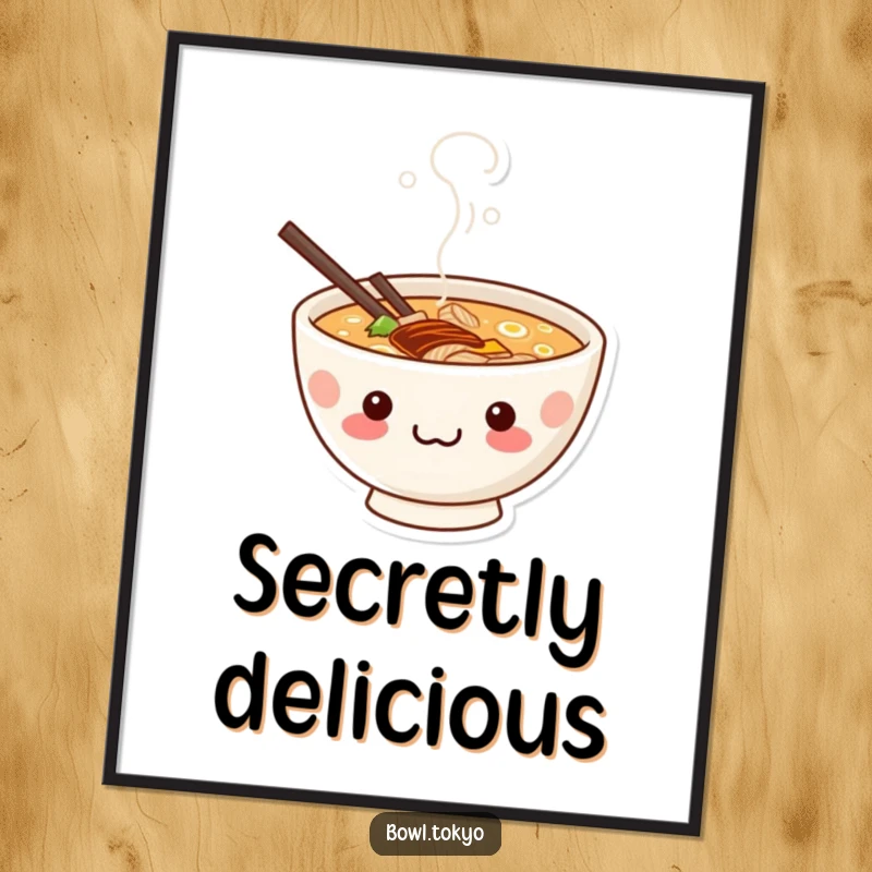 Funny cute kawaii ramen bowl digital art print of a mischievous grin peeking from steam, full of personality.