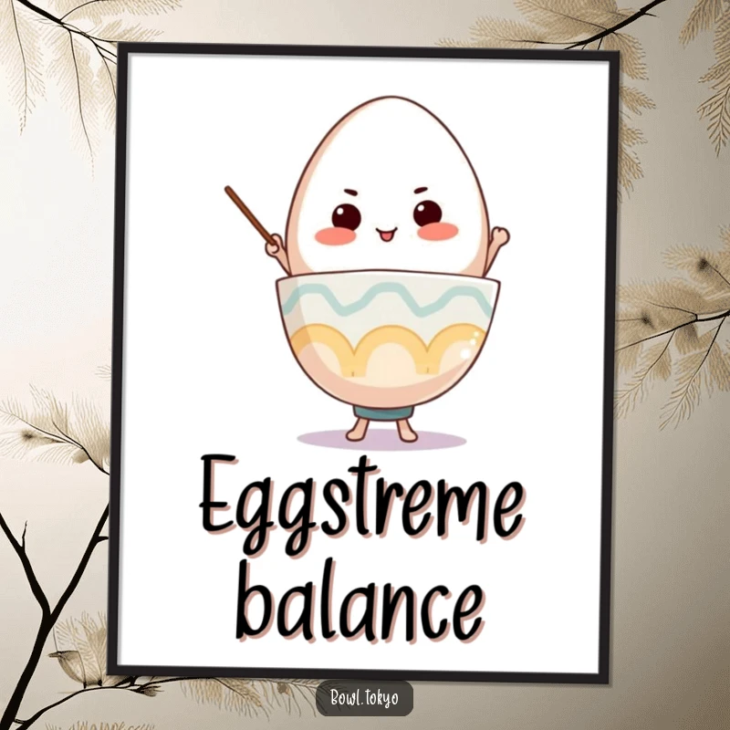 Funny Ramen Bowl Digital Art Print, a determined character balancing a giant egg, perfect for decor.