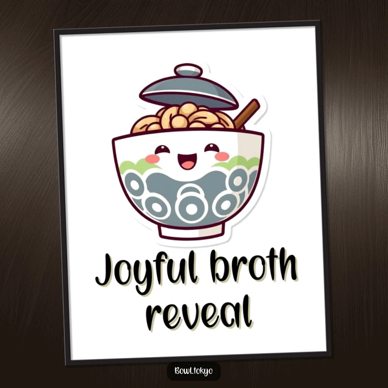 Funny Ramen Bowl Digital Art Print of a lid ajar and a joyful face peeking out, ready for download.
