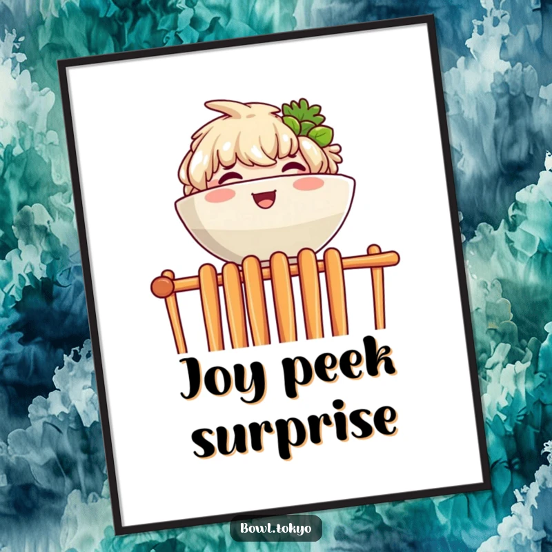 Funny digital art print of a ramen bowl character joyfully peeking over a wall made of chopsticks.