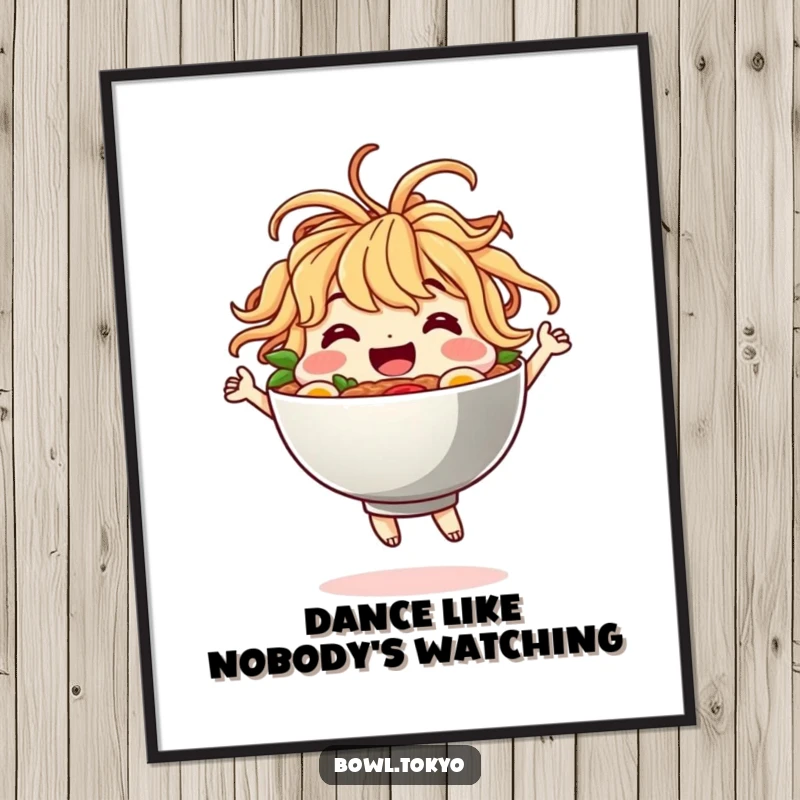 Funny Digital Art: A vibrant ramen bowl character with noodle hair caught mid-dance, symbolizing happiness and fun.