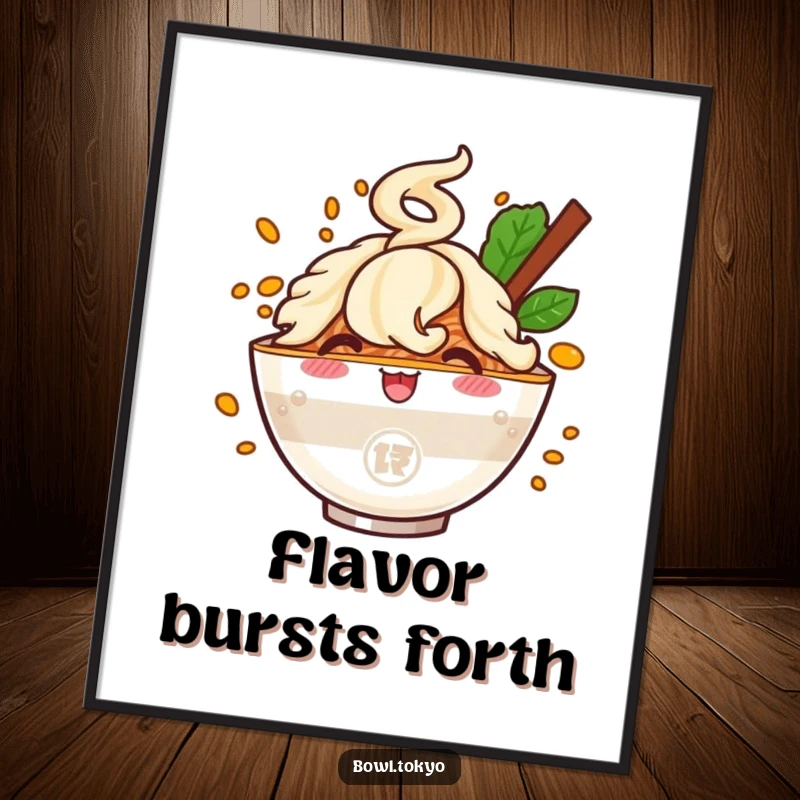 Funny digital art print of a cheerful ramen bowl character with an explosive flavor cloud, perfect for instant humorous decor.