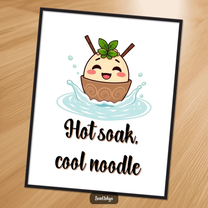 Funny digital art featuring a happy ramen bowl character splashing in a hot spring, a joyful and humorous downloadable image.