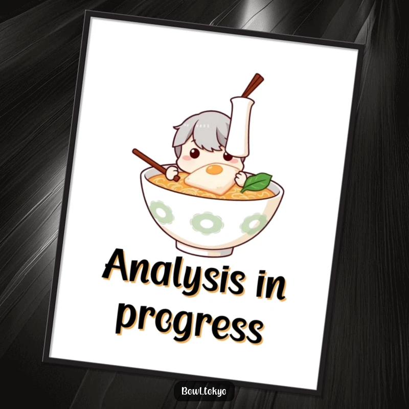 Funny Ramen Art Print: Digital artwork of a curious ramen bowl character humorously examining kamaboko.