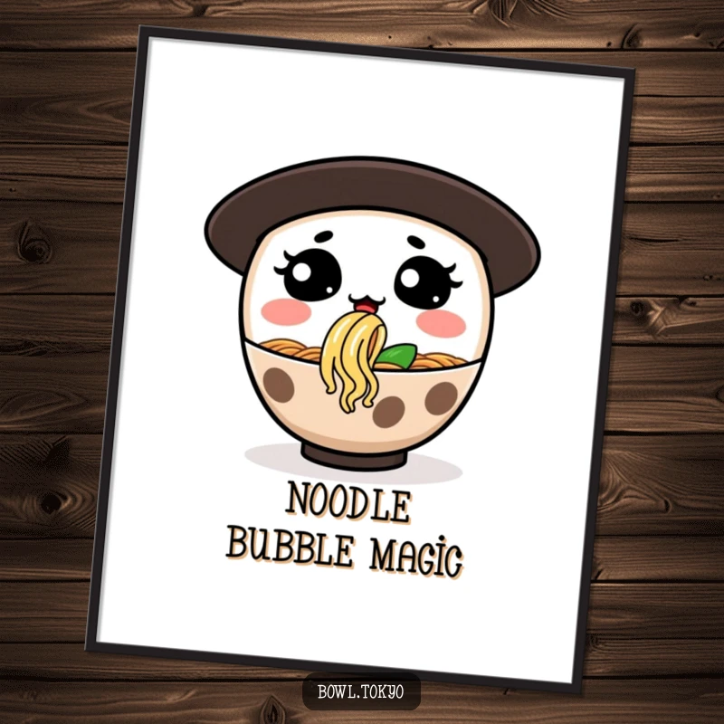 Funny digital art print of a ramen bowl character with a silly expression, blowing a large noodle bubble.