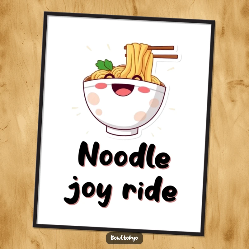 Funny digital art print of a ramen bowl character with a huge grin, happily sliding down a noodle.