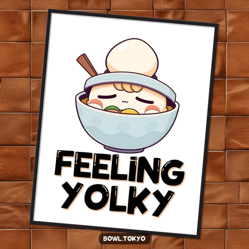 Funny Ramen Art Print: Digital artwork of a sleepy ramen bowl character comically wearing a tiny egg hat.