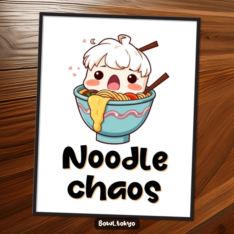 Funny Ramen Bowl Digital Art Print, a surprised character with noodles splashing out, perfect for decor.