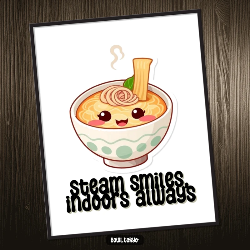Funny Ramen Bowl Digital Art Print featuring a cute noodle character with a smiling steam face, perfect for cheerful wall decor.
