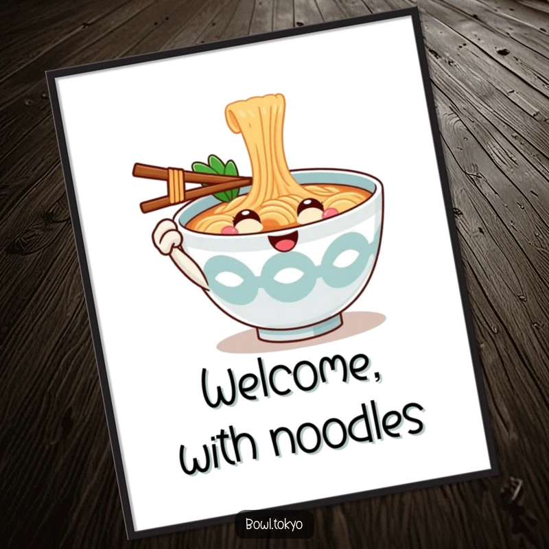 Funny Ramen Bowl Digital Art Print featuring a smiling noodle character offering a chopstick, a friendly and welcoming piece of art.