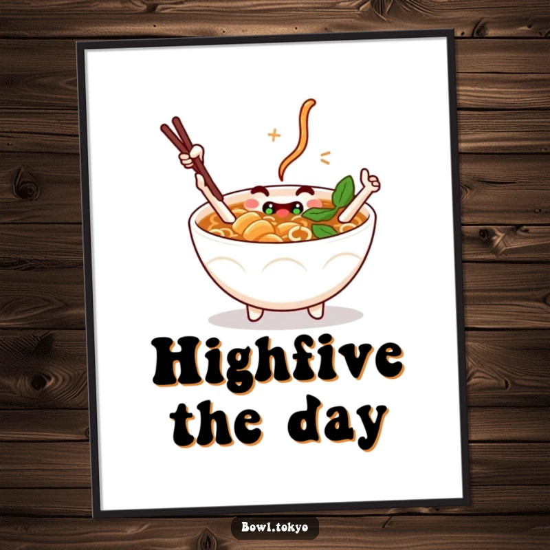 Funny Digital Art: A ramen bowl character with chopstick arms giving a high-five, symbolizing fun and connection.