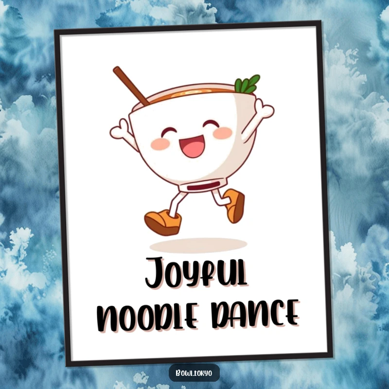 Funny ramen bowl in wooden clogs, performing a joyful leap, a high-resolution digital art print for instant whimsical decor.