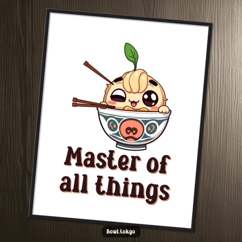 Funny digital art featuring a winking ramen bowl character juggling chopsticks, a humorous and skillful downloadable image.