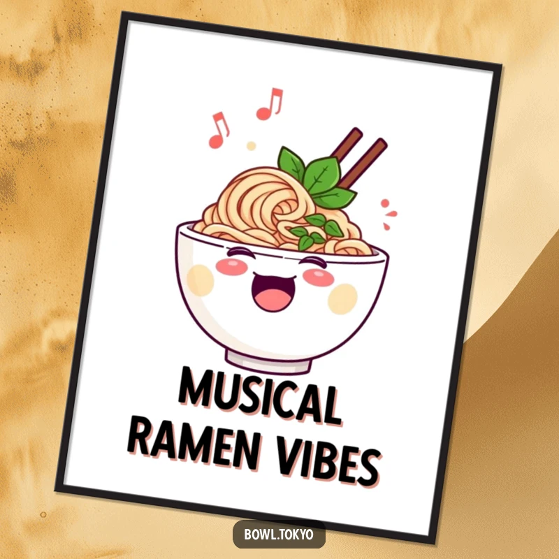 Funny cheerful ramen bowl digital art print, showing a singing noodle character with musical notes, instant download for decor.