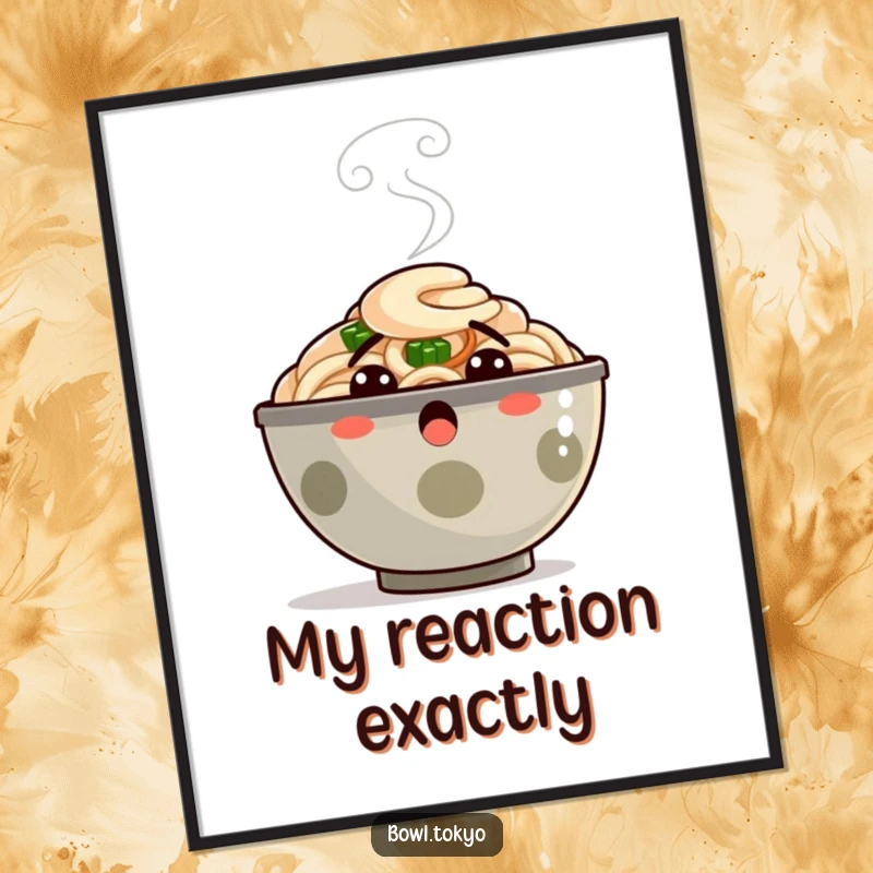 Funny Digital Art: A ramen bowl character comically surprised with steam puffing, capturing a hilarious moment.