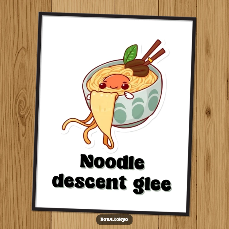 Funny digital art print of a ramen bowl character joyfully sliding down a noodle string, ready to download.