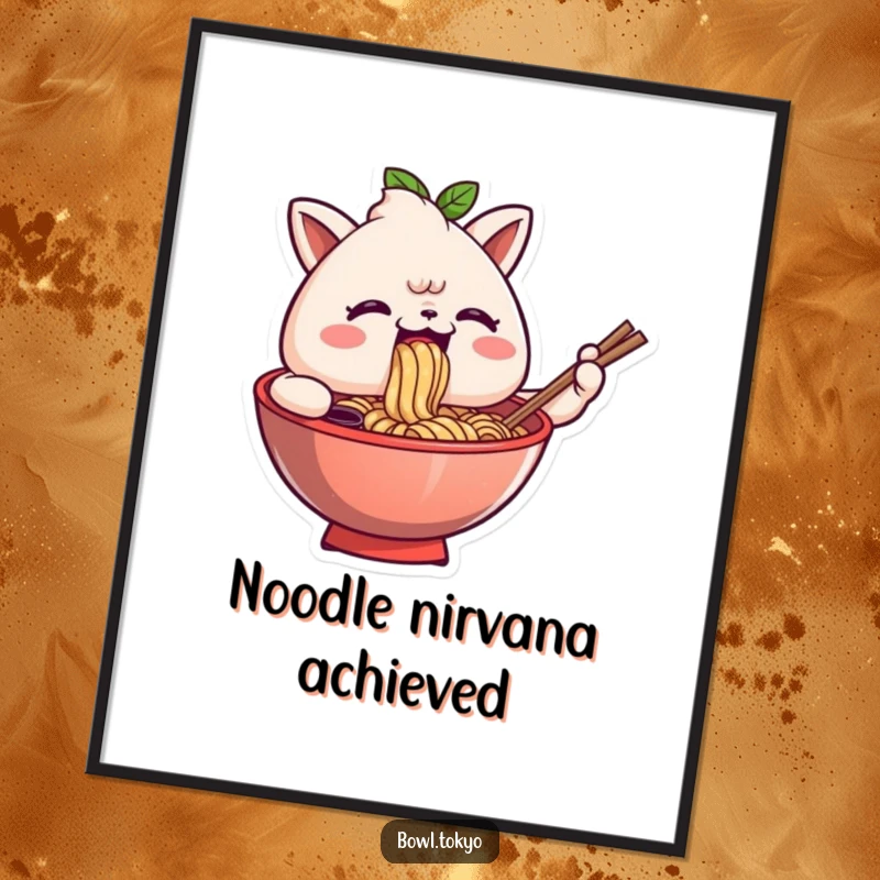 Funny digital art print of an anthropomorphic ramen bowl character comically slurping noodles, bursting with joy and culinary satisfaction.