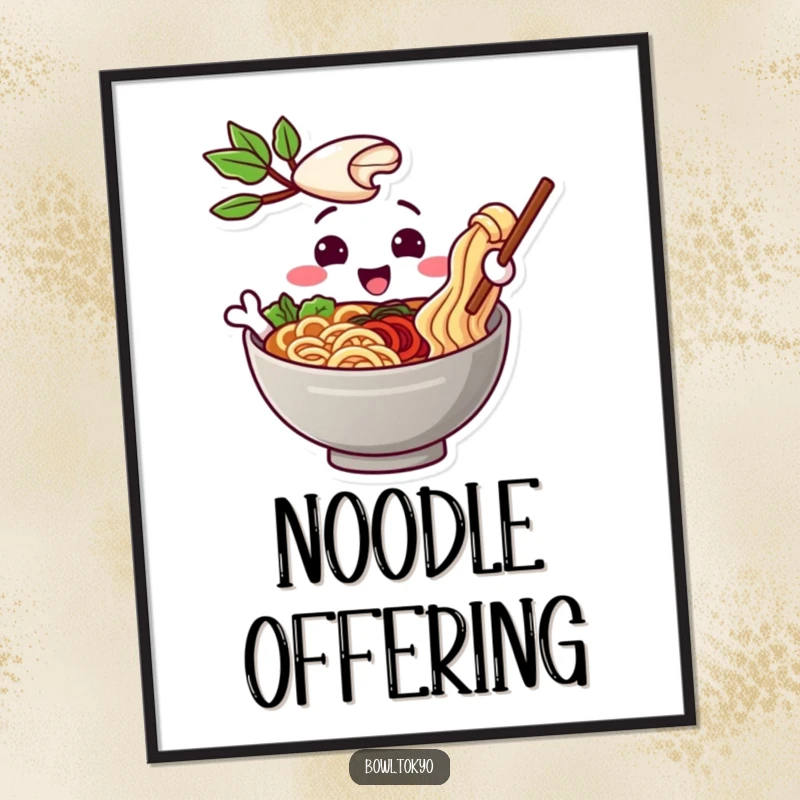 Funny digital art print of a playful ramen bowl character offering a noodle with a friendly gesture, radiating warmth and charm.
