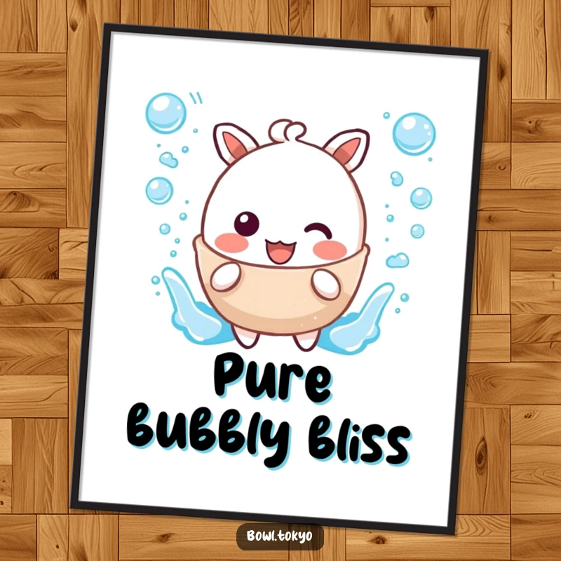 Funny digital art print of a kawaii broth character joyfully splashing with bubble accents, ready to download.