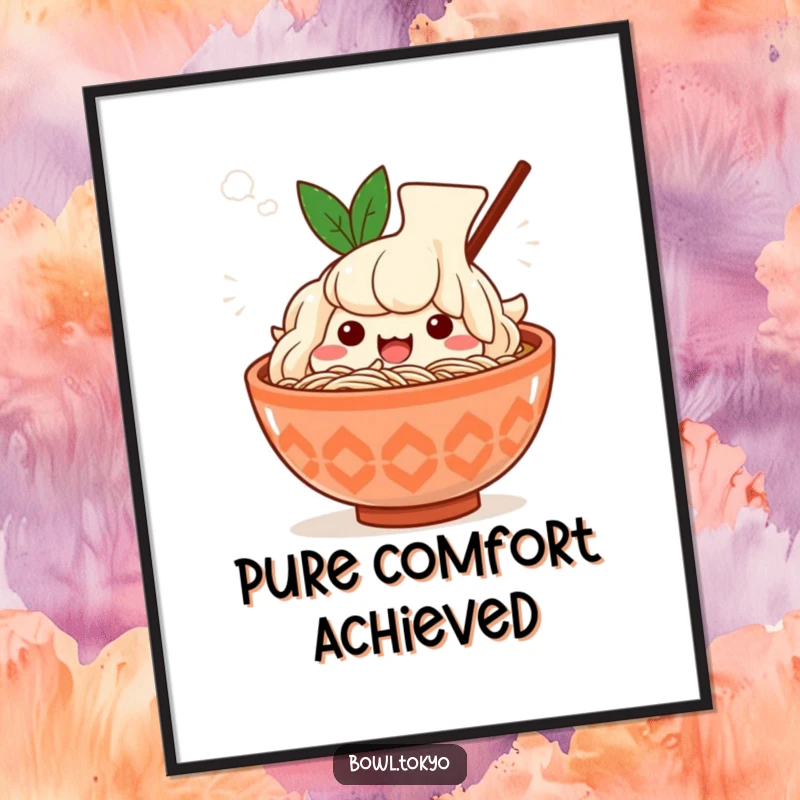 Funny Kawaii ramen bowl digital art print, character sighing happily, surrounded by steam, high-resolution, printable.