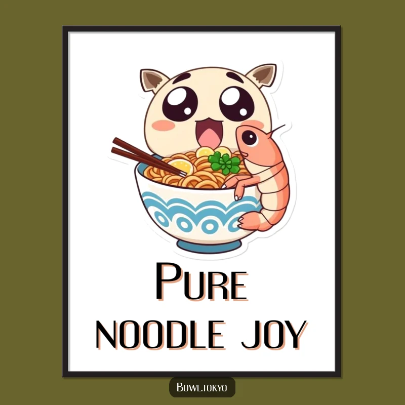 Funny Ramen Shrimp Digital Art: Excited Noodle Character Eating Giant Shrimp Print