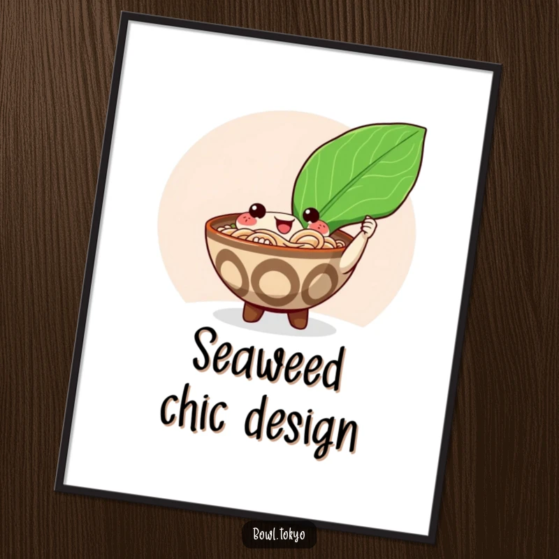 Funny happy ramen bowl digital art print of a character offering a giant shiny nori seaweed leaf, instant humor.