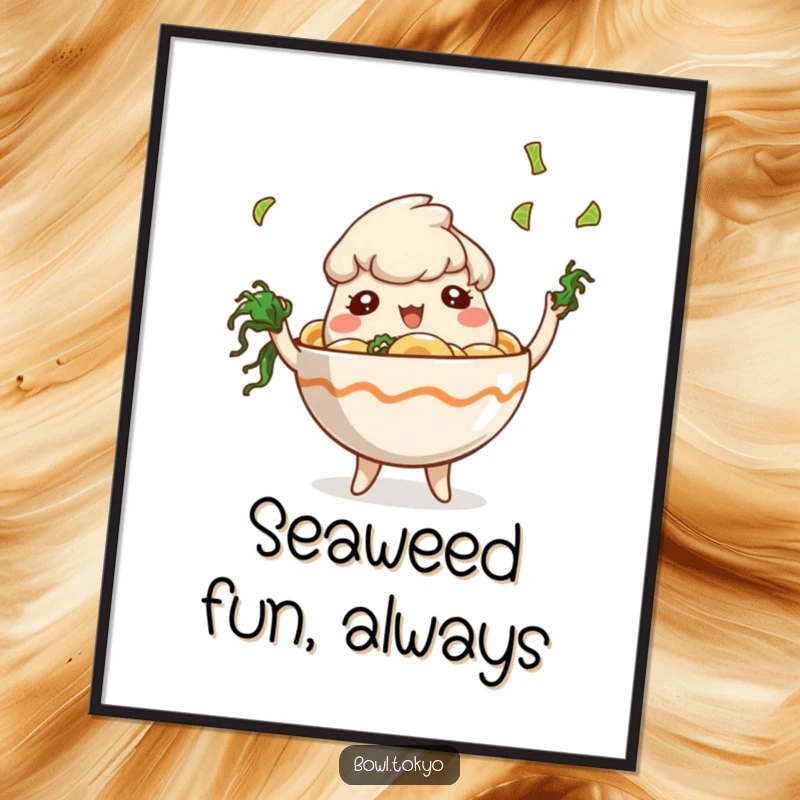 Funny Ramen Bowl Digital Art Print featuring a playful character juggling tiny seaweed pieces, a whimsical and fun piece of art.