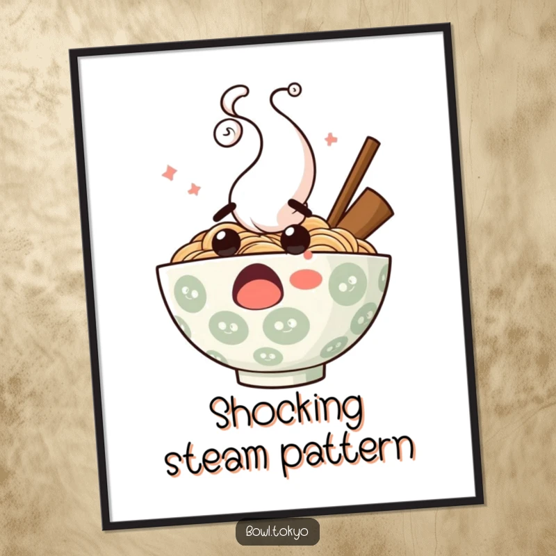 Funny surprised ramen bowl digital art print, showing a comically shocked noodle character with steam, instant download for decor.