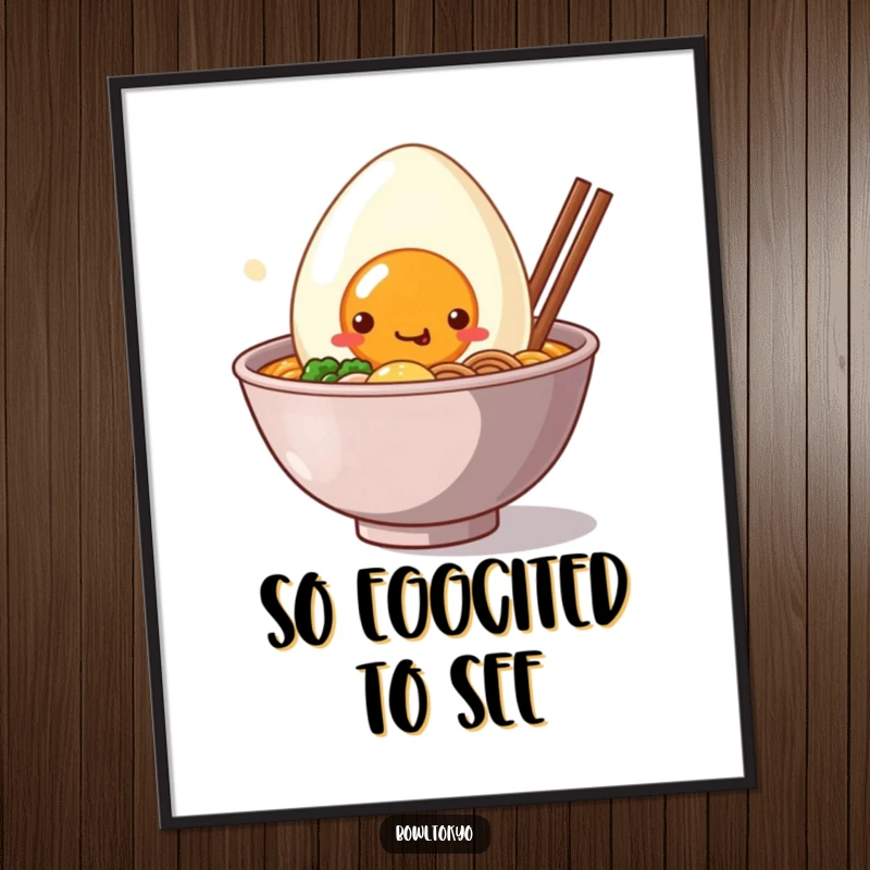 Funny Digital Art: A kawaii ramen bowl character with a giant, smiling egg peeking out, exuding charm and happiness.
