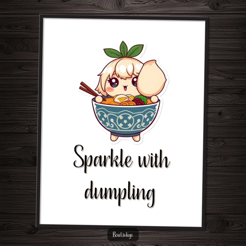 Funny digital art print of a ramen bowl character with sparkling eyes, joyfully holding an oversized dumpling.
