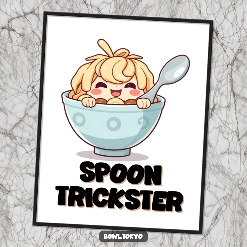 Funny Ramen Bowl Digital Art Print of a mischievous character peeking from behind a spoon with a cheeky grin.