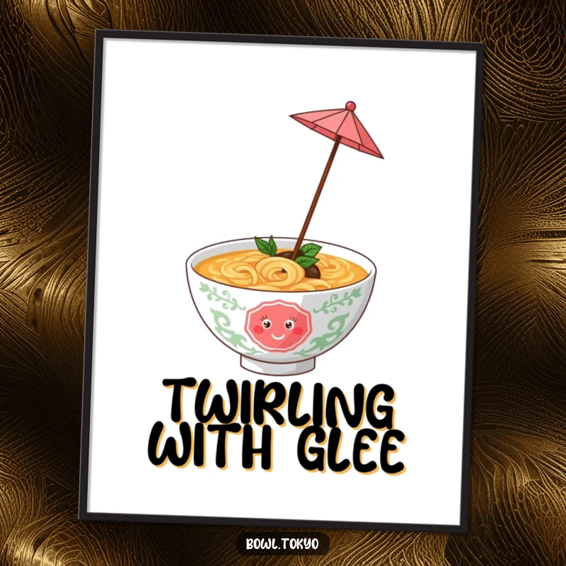Funny ramen bowl with a tiny umbrella, twirling joyfully, a high-resolution digital art print for cheerful home decor.
