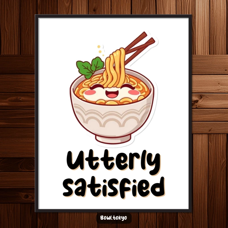 Funny Ramen Art Print: Digital artwork of a happy ramen bowl character humorously displaying a contented sigh.