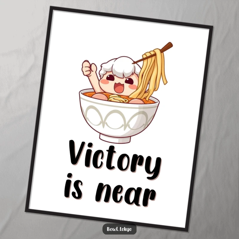 Funny Ramen Art Print: Digital artwork of a determined ramen bowl character humorously reaching for nori.