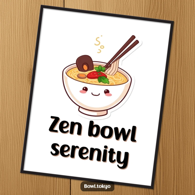 Funny Ramen Bowl Digital Art Print of a happy, smiling character with steam rising, symbolizing joy and peaceful noodle enjoyment.