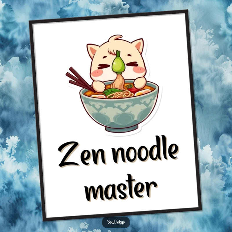 Funny Ramen Bowl Digital Art Print of a character balancing a green onion with extreme focus, ready to download.