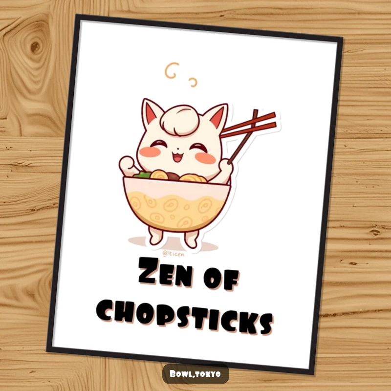 Funny cheerful anthropomorphic ramen bowl digital art print of a character happily juggling chopsticks with energy.