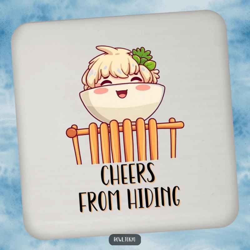 Funny drink coaster with a joyful ramen bowl character peeking over a wall of chopsticks, adding humor to surfaces.