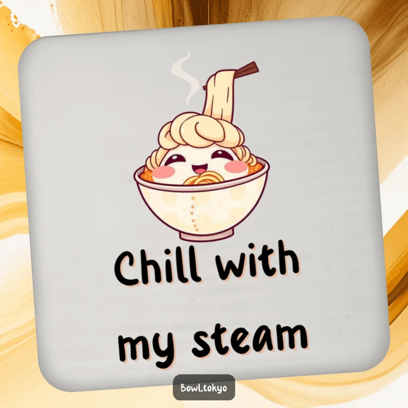 Funny drink coaster showcasing a smiling ramen bowl character with steam rising playfully, resembling cheerful laughter.