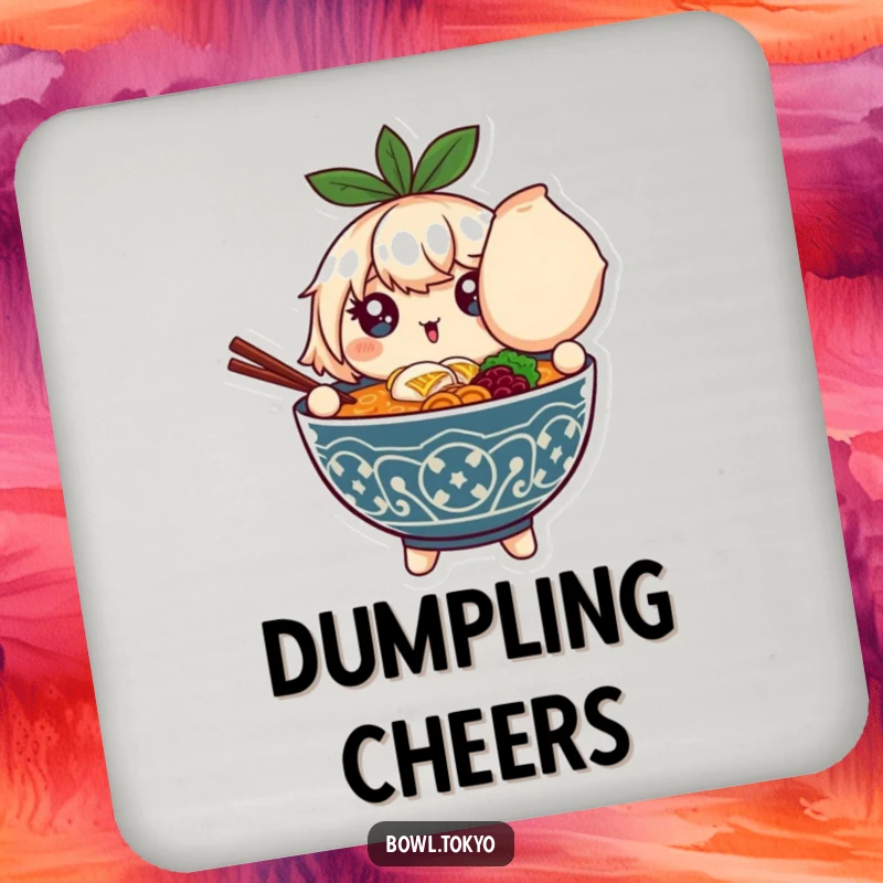 Funny drink coaster with a ramen bowl character with sparkling eyes holding an oversized dumpling, adding humor to surfaces.