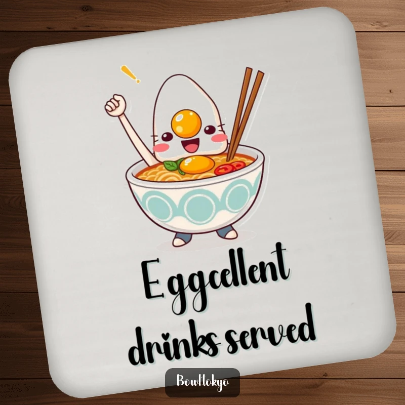 Funny Kawaii ramen bowl drink coaster, triumphant character with egg, protecting surfaces, foodie humor, home accessory.