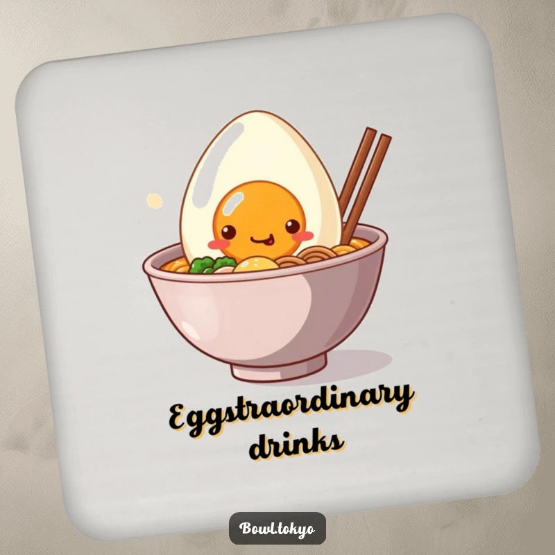 Funny Coaster: A kawaii ramen bowl character with a giant, smiling egg peeking out, adding cuteness to surface protection.