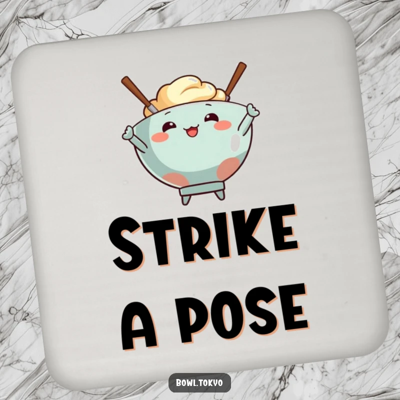Funny drink coaster with a food bowl character and two energetic chopsticks striking a cool pose.