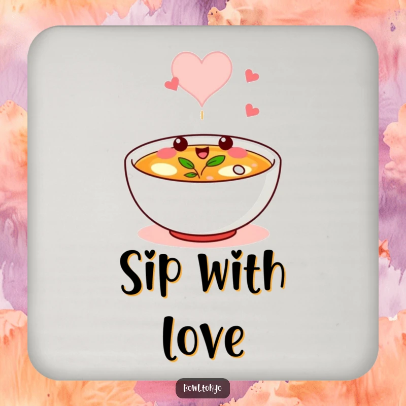 Funny drink coaster with a broth bowl character winking, its steam forming a heart, protecting surfaces.