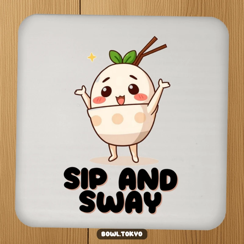 Funny Cute Ramen Bowl Coaster with an anthropomorphic character performing a silly dance, adding a playful and fun touch.