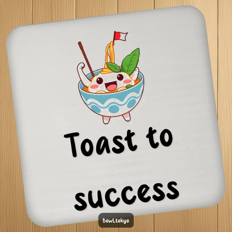 Funny Excited Ramen Bowl Coaster with an excited character waving a flag from noodles, adding a festive and fun touch.