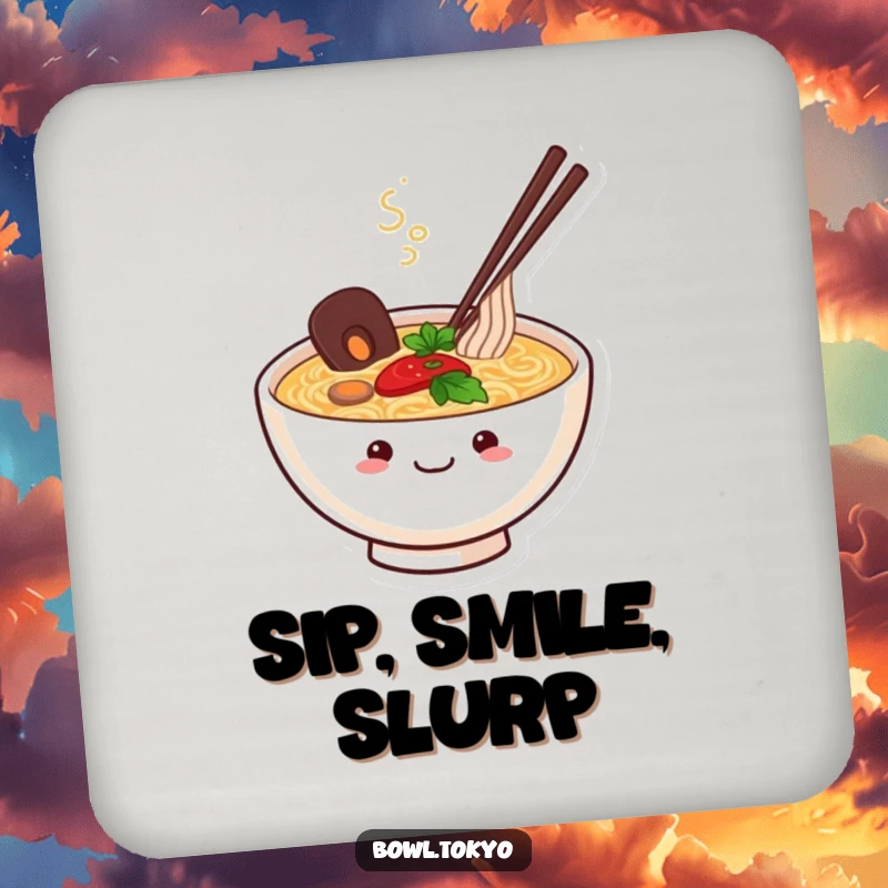 Funny Ramen Bowl Coaster with a happy, smiling character and steam rising, offering a touch of noodle cheer and surface protection.