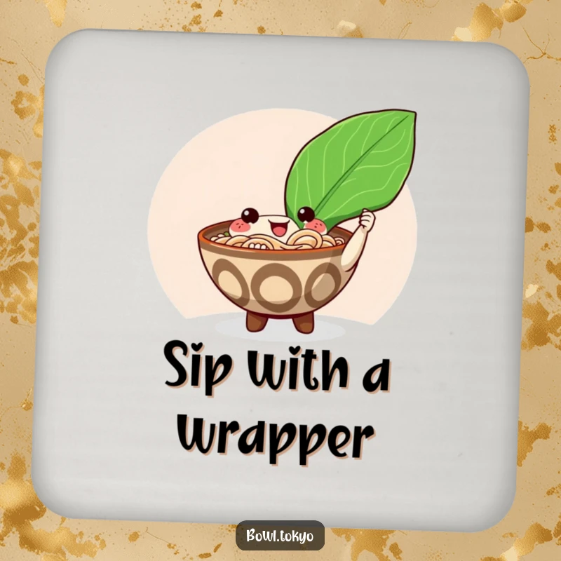 Funny happy ramen bowl coasters characters offering a giant shiny nori seaweed leaf, protecting decor with a smile.